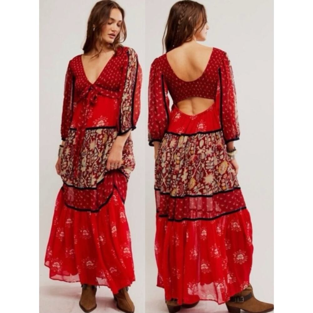 Free People Bohemian Gypsy Witchy Bali Laurel Maxi Dress Medium Patchwork 70s - Picture 3 of 14